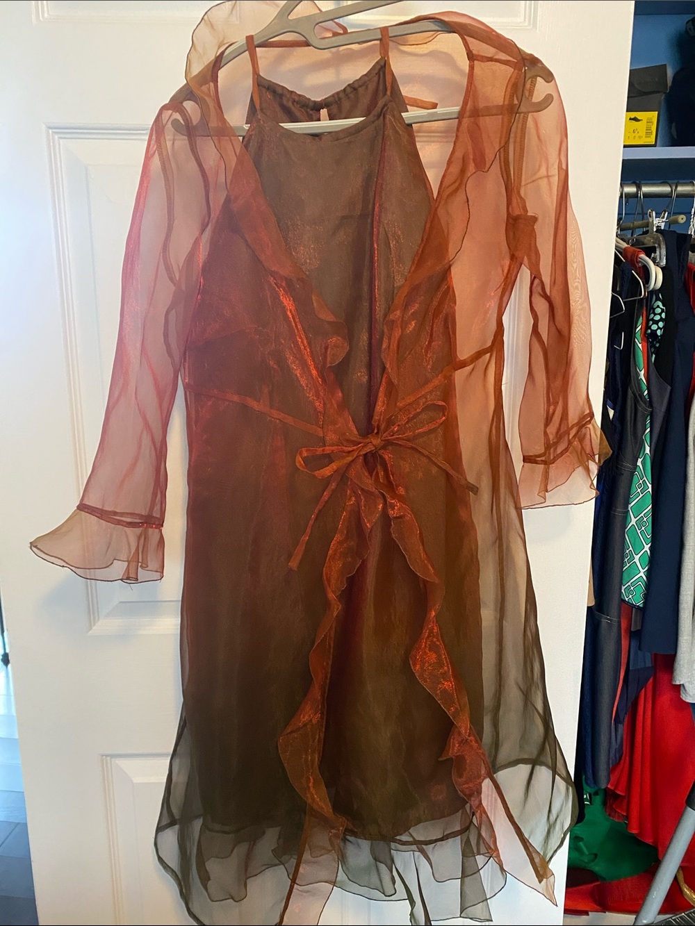 Sheer Rust Brown Wrap Dress with Ruffle Trim